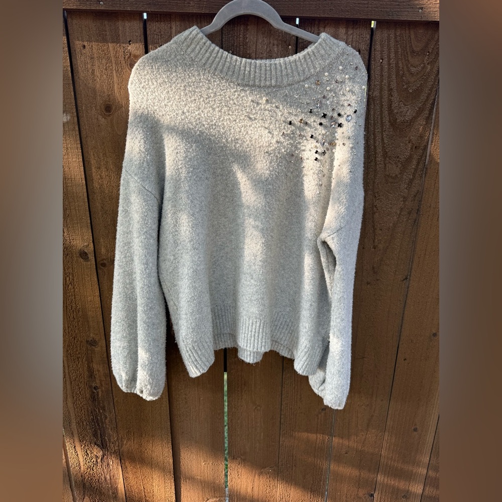 A New Day Grey Beaded Pearl Embellished Sweater - Size L